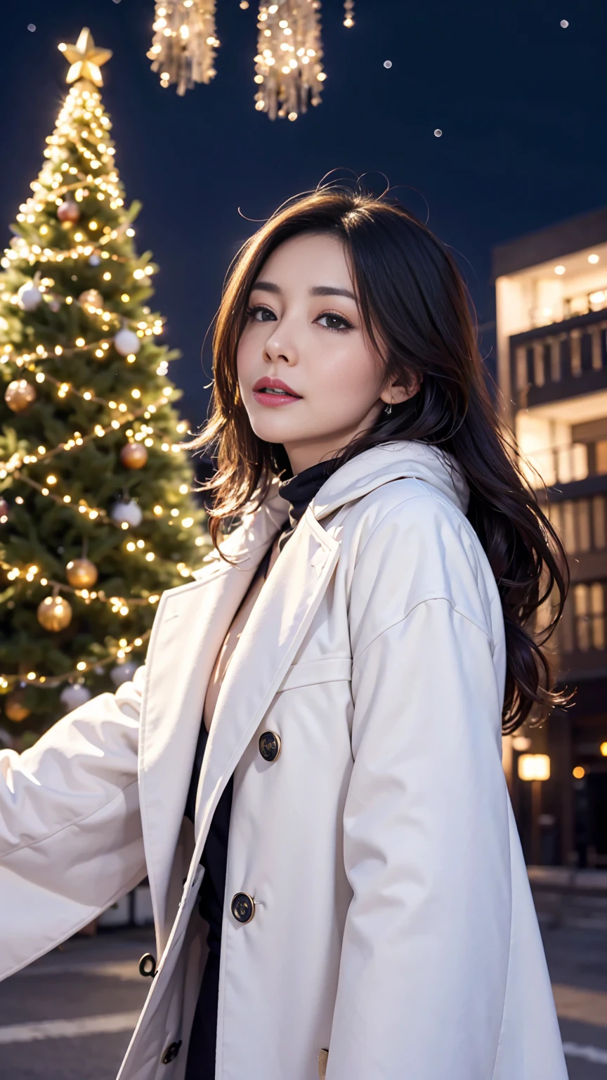 (wearing oversized_coat:1.3),woman posing for a photo, white coat, sweather under the coat, half body shot,
good hand,4k, high-res, masterpiece, best quality, head:1.3,((Hasselblad photography)), finely detailed skin, sharp focus, (cinematic lighting), night, soft lighting, dynamic angle, [:(detailed face:1.2):0.2],(((city background))),  <lora:oversized_coat-10:0.5>