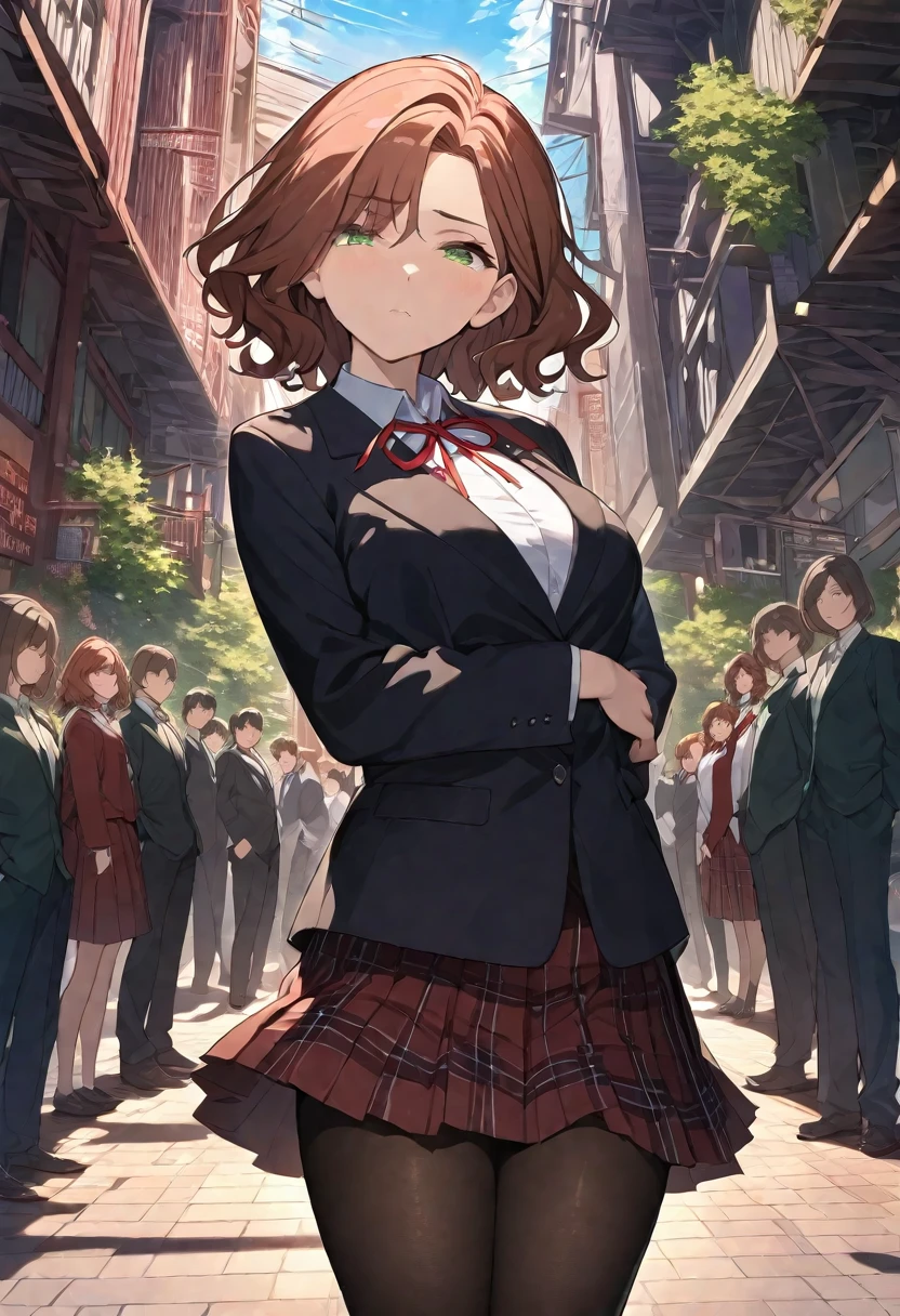 Masterpiece, hdr, bloom, 4k, Anime-style illustration featuring a beautiful female student, madokahiguchi, madoka_higuchi, short hair, dark brown hair, eyebrows hidden by hair, wavy hair, dark green eyes, (small in stature), slightly downturned eyes, large breast, She is wearing a formal school uniform, black blazer, white shirt, red neck ribbon, red plaid skirt, see-through black pantyhose. Clubroom, detailed background, look at viewer