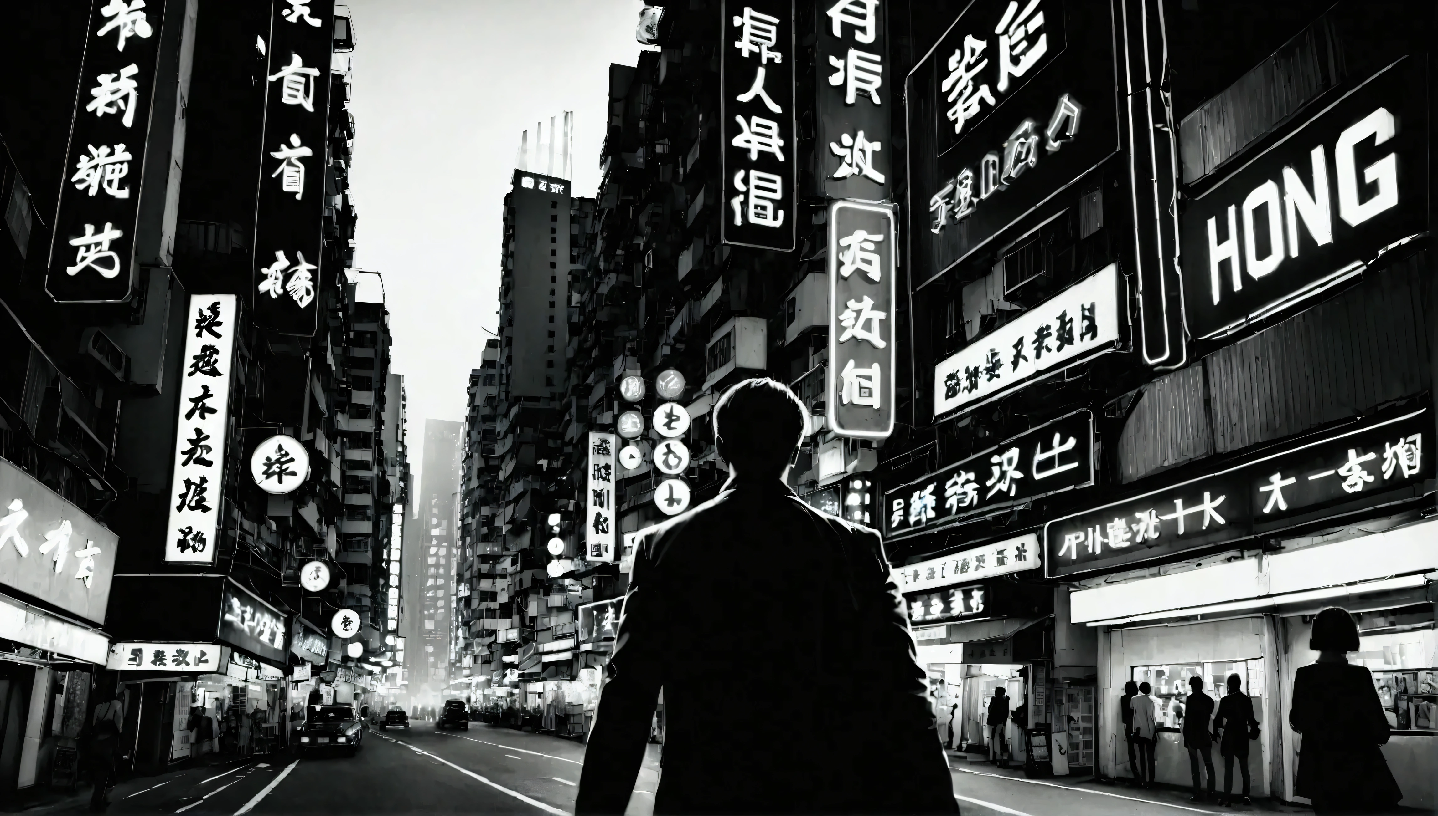 
Beautiful Hong Kong neon city, realistic photos, wide angle lens, black and white photos, high contrast,Hong Kong action cinema style