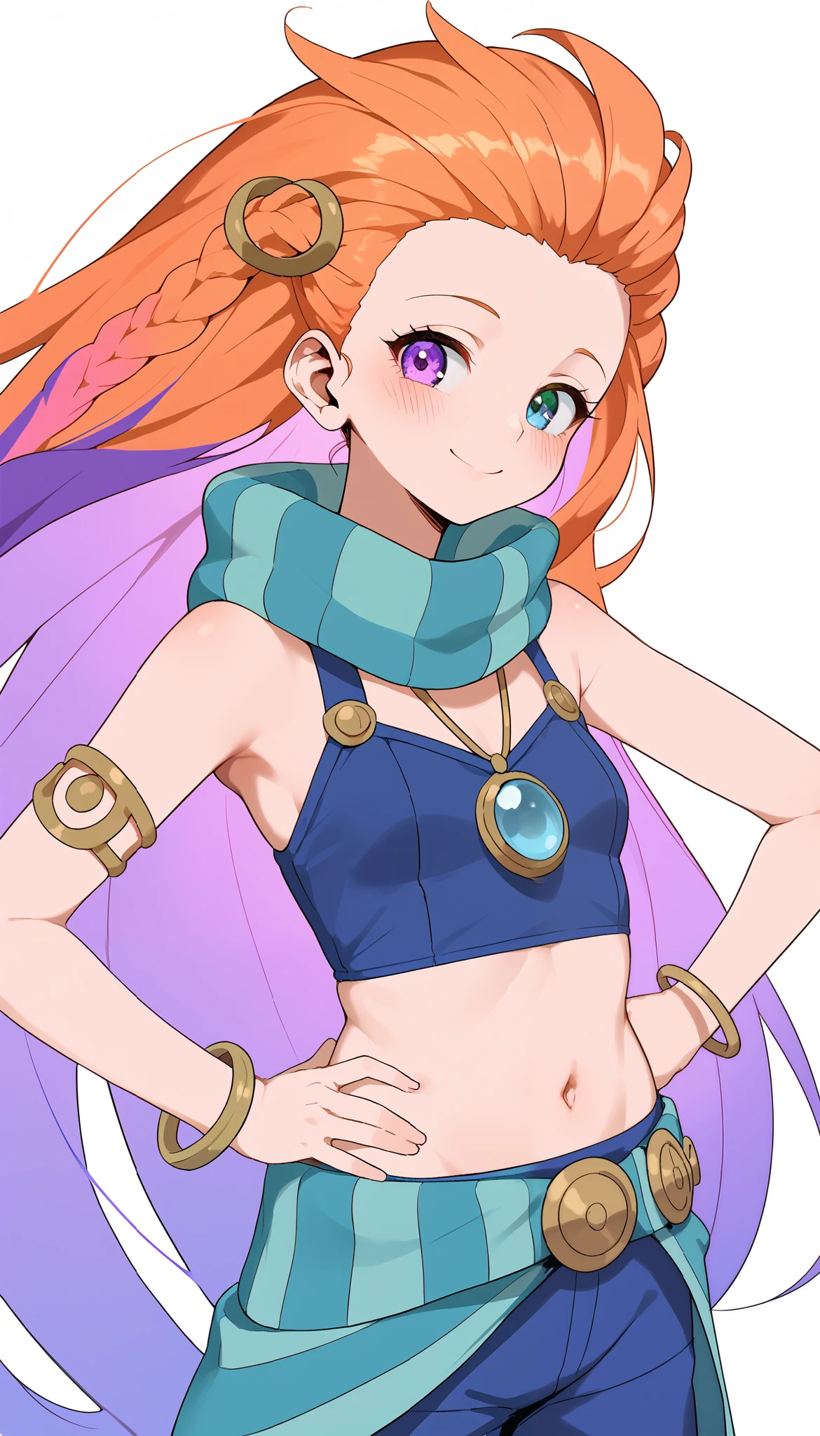 Anime, 1girl, ZoeLoLXL, mature, purple eyes, blue eye, heterochromia, orange hair, multicolored hair, gradient hair, purple hair, very long hair, hair ornament, forehead, small breasts, green scarf, striped scarf, bare shoulders, blue midriff, necklace, bracelet, navel, blue shorts, green belt, upper body, hand on hip, smile, blush, cute, looking at viewer, white background, simple background, score_9, score_8_up, score_7_up, unaestheticXL_bp5,