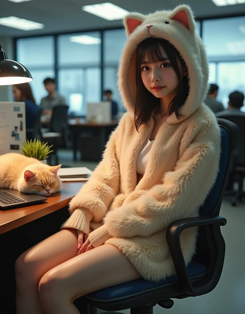 ultra-realistic, photorealistic, dramatic scene, shadow, global-illumination, solo, (teenage Japanese famous idol girl:1.5), very beautiful fragile Japanese girl, very beautiful with very cute but boyish cool face, (very large breasts), slim waist, moles, detailed face skin texture, professional lighting, (She works in a very fluffy stuffed cat costume that looks like a stuffed animal show:1.2), her body is very fluffy like a cat, (very large breasts), at the large office with many desks and workers, decorative plant, sitting on the chair, Her desk with many piles of papers, stationery, A giant fat cat is sleeping on the laptop computer on her desk, she looks so confused, she is not able to understand whose cat he is, She shows her viewers a cute face with a bitter smile, 