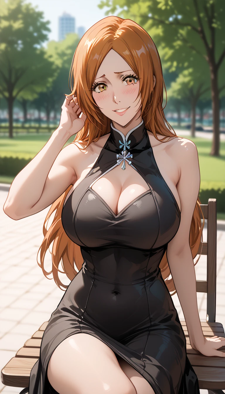 absurdres, High resolution, Super detailed, (mature woman1名:1.2),huge_breasts、unity 8k wallpaper,woman, Dynamism,forward leaning posture、intricate details,she looks viewer, black dress, tuh dress, Sitting on chair, Park , night、Blurred Backgrounds, breasts、standing、((manga style , Fitgirl , Lineart , sit down , Normal pose , sensuous , Safe for work))、Having a conversation、Bleach, Inoue Orihime, orange hair, orange eyes, long hair, smile, Panel layout、1 page of the manga、hand on hip, One hand behind the head, blush, navel, embarrassed_female