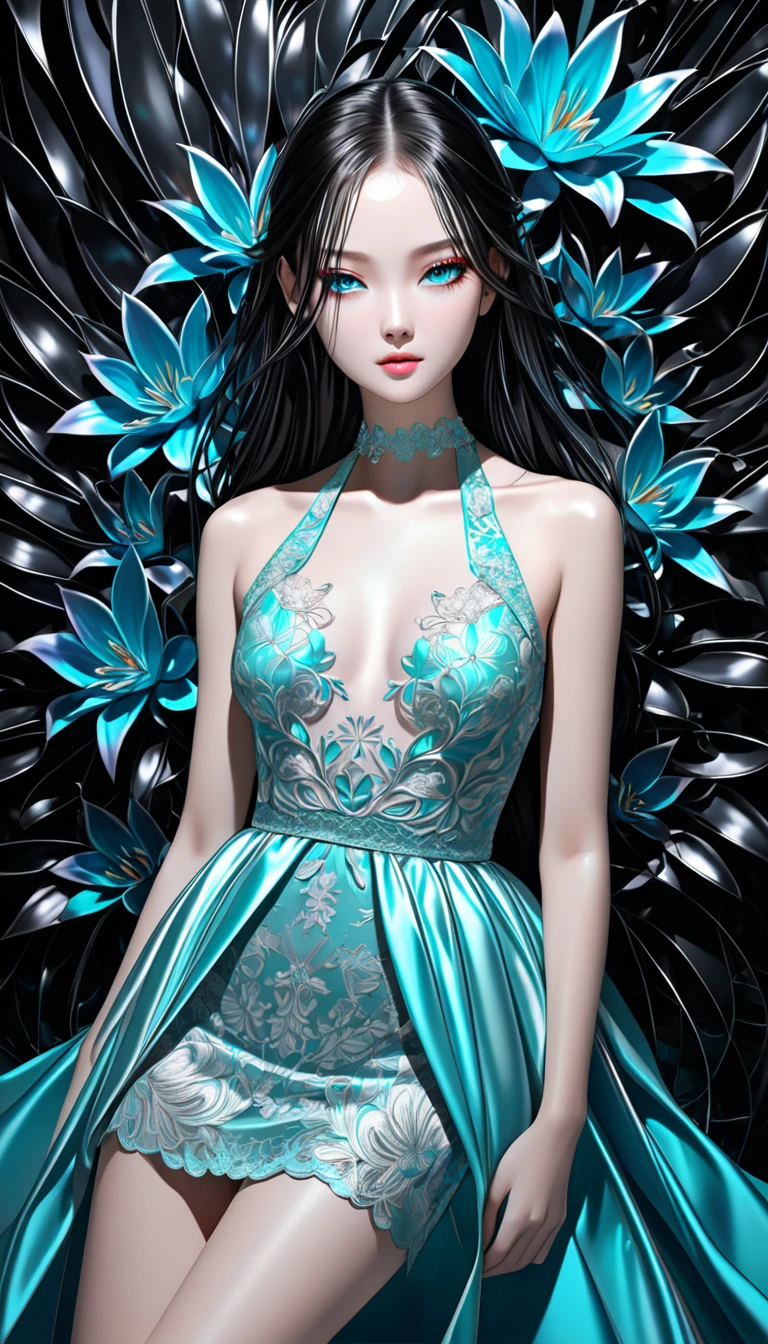 a full body shot beautiful glass woman and flowers made of clear blue glass black background 24k resolution