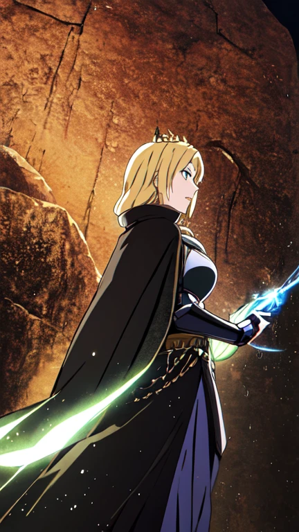 blonde woman with blue eyes with a powerful and mystical appearance. She is dressed in green and black armor that covers much of her body, with details in geometric and pointed patterns that give her an intimidating and authoritarian air. He wears a long cape that flutters back, suggesting movement and adding dynamism to the scene. In his right hand, he holds a glowing green energy sphere, indicating that he has magical abilities or supernatural powers. Her face expresses determination, and her blonde hair flows in the air, adding a touch of majesty. On her head, she wears a type of helmet or crown that complements her outfit and reinforces her appearance as a queen or powerful sorceress. The background is a desolate and rainy landscape, which enhances the dark and mysterious atmosphere of the image. The scene as a whole suggests that she is an imposing, supernatural figure, possibly a villainess or warrior goddess.