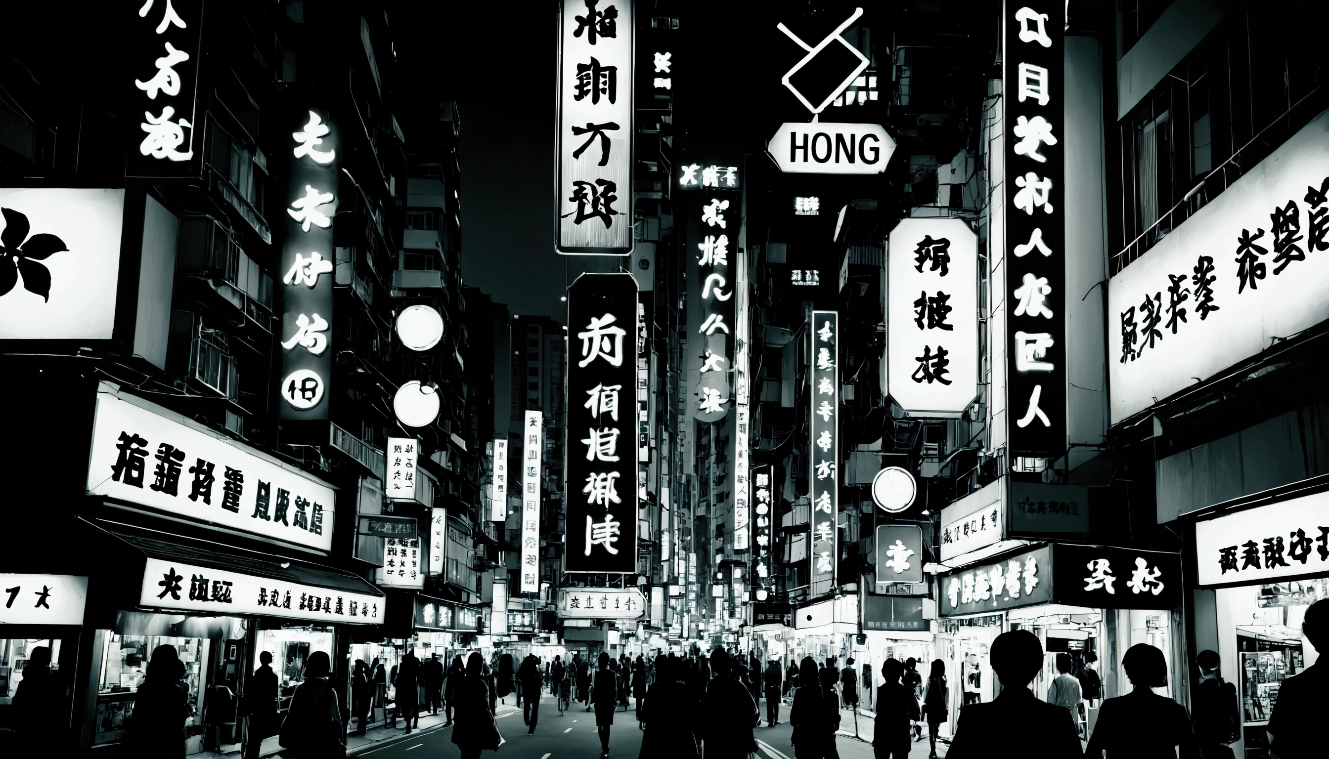 
Beautiful Hong Kong neon city, realistic photos, wide angle lens, black and white photos, high contrast,Hong Kong action cinema style