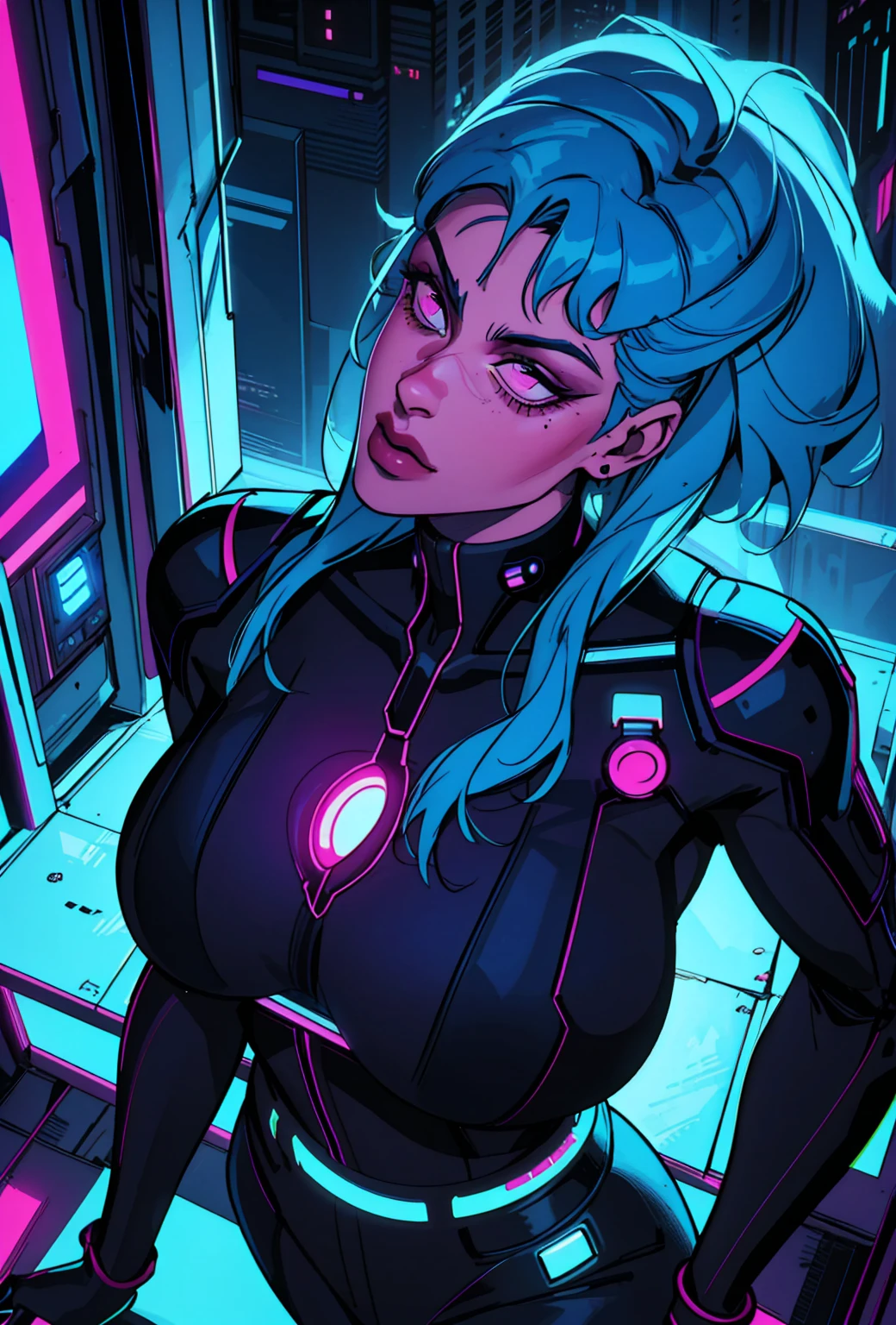 a digital painting of a woman with blue hair, cyberpunk art by Josan Gonzalez, behance contest winner, afrofuturism, synthwave, neon, glowing neon, huge breast