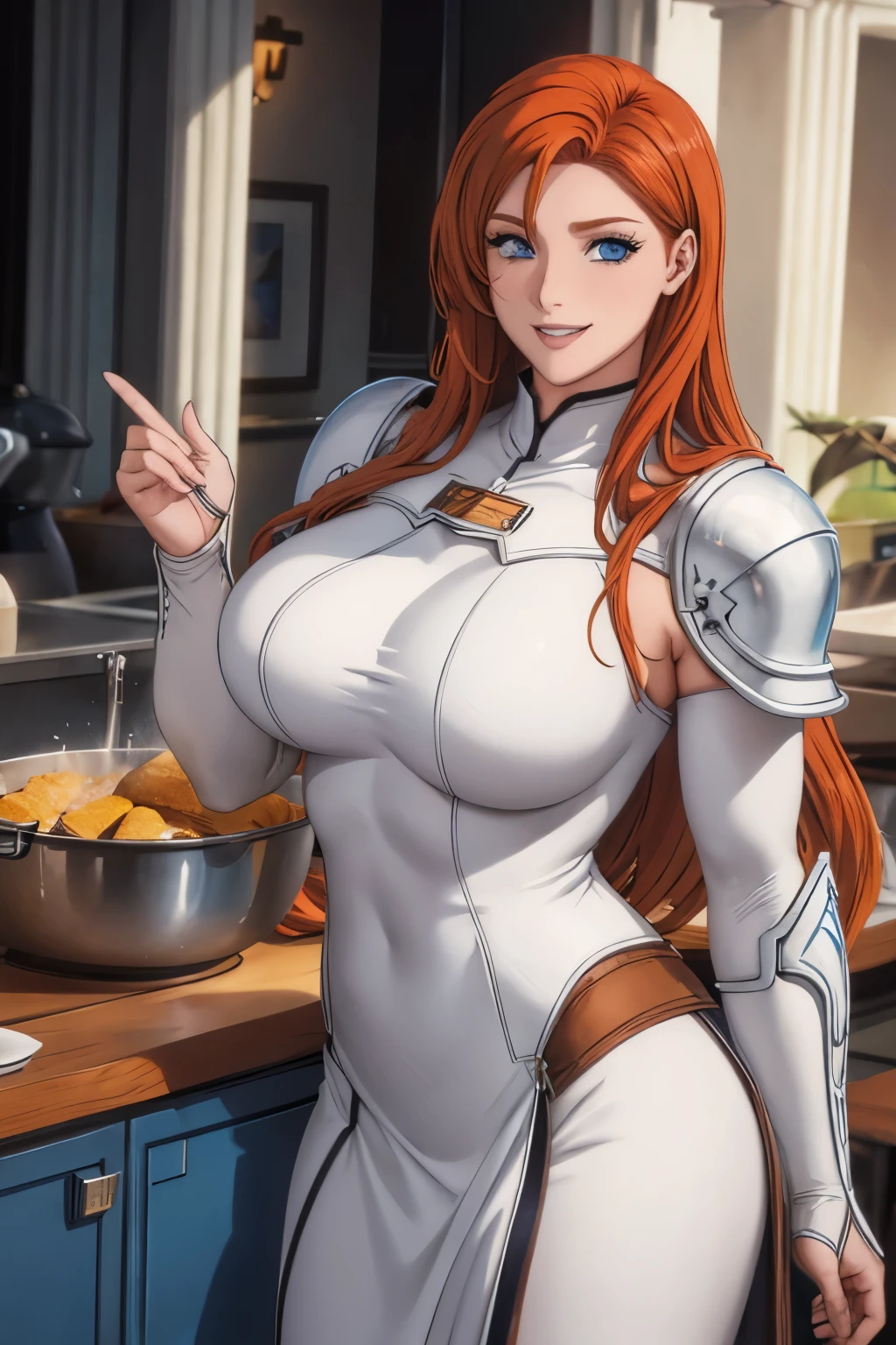 woman, long ginger hair, oranger hair, blue eyes, smiling, White metallic armor, 