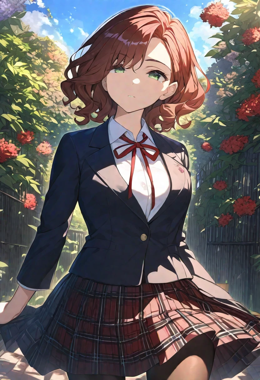 Masterpiece, hdr, bloom, 4k, Anime-style illustration featuring a beautiful female student, madokahiguchi, madoka_higuchi, short hair, dark brown hair, eyebrows hidden by hair, wavy hair, dark green eyes, (small in stature), slightly downturned eyes, large breast, She is wearing a formal school uniform, black blazer, white shirt, red neck ribbon, red plaid skirt, see-through black pantyhose. garden, detailed background, look at viewer