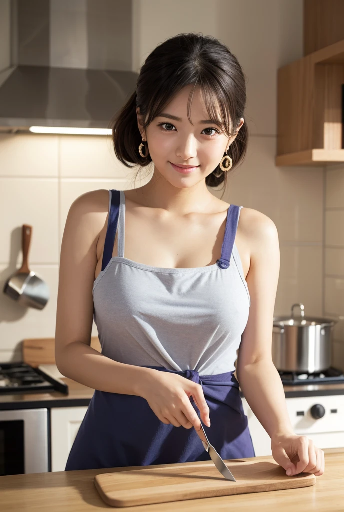 (masterpiece, best quality:1.1), (8k, raw photo, photo realistic:1.2, f22), (shiny skin), detailed skin,long hair,ribbon,detailed face, detailed eyes,smile,BREAK, real world, intricate details, smil, BREAK, 1girl, full body,(tank top,pants,ribbon,Blue),BREAK, (kitchen,fruits:1.4)