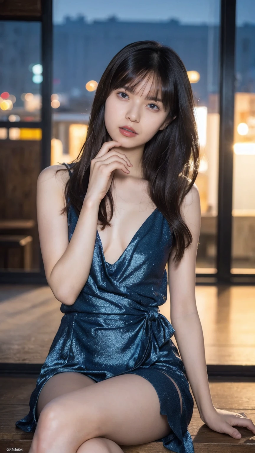 1girl,(wearing a blue glittery evening mini dress:1.2),(RAW photo, best quality), (realistic, photo-realistic:1.4), masterpiece, an extremely delicate and beautiful, extremely detailed, 2k wallpaper, Amazing, finely detail, extremely detailed CG unity 8k wallpaper, ultra-detailed, highres, soft light, beautiful detailed girl, extremely detailed eyes and face, beautiful detailed nose, beautiful detailed eyes,cinematic lighting,city lights at night,slender body,(long hair with bangs),(big :1.2), (crossed legs), slim legs.