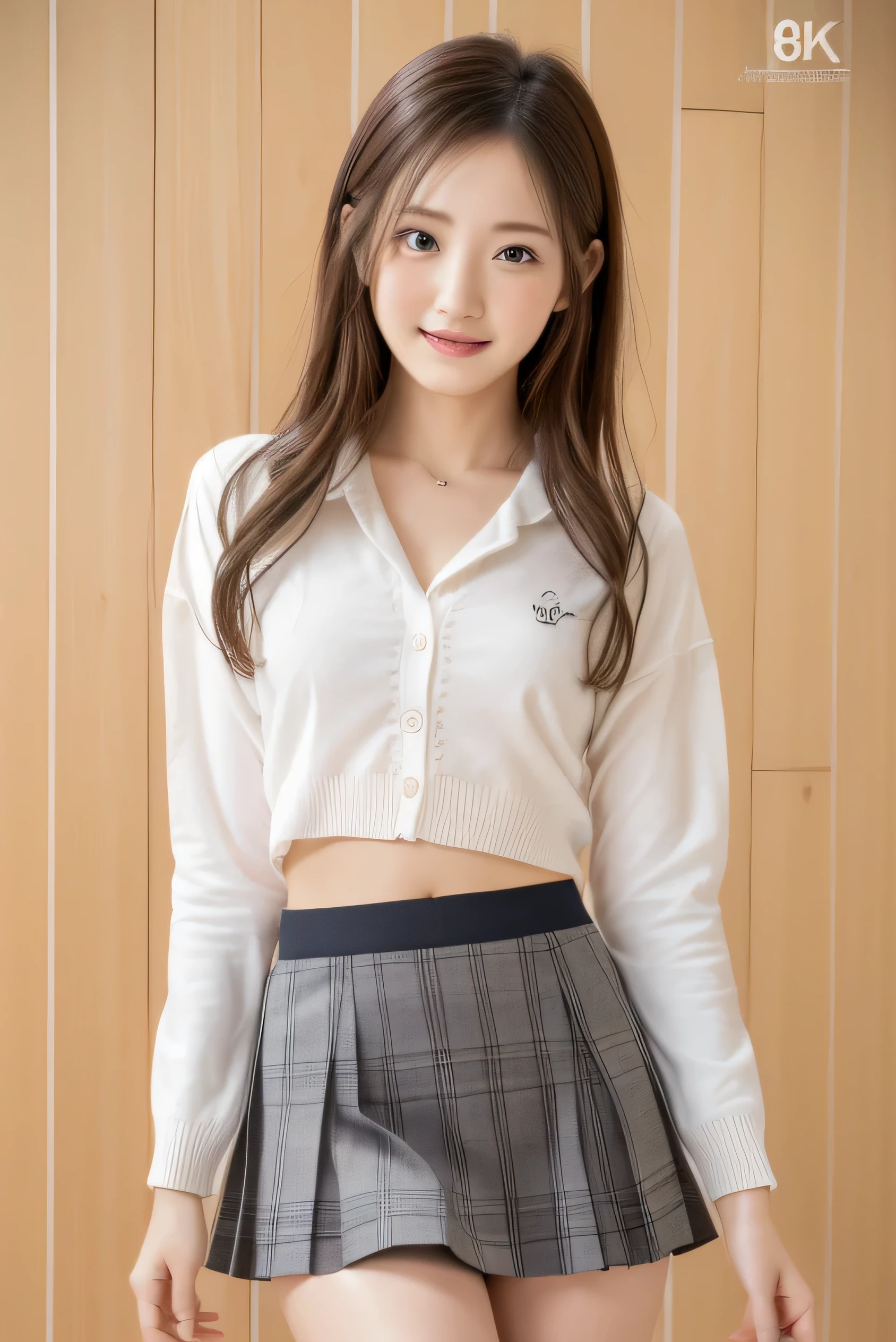 (top-quality、in 8K、Photorealsitic:1.6、超A high resolution)、Natural light、1little girl、24 year old、Height 1.7m、delicated face、An ultra - realstic face、photos realistic、Beautiful Japan model、Brown eyes、Slender style、Dynamic angles、dynamicposes、(Yuki's Face)、Gorgeous long-haired、Beautiful wavy brown hair、(Smaller chest;1.4)、(narrow waists:1.2)、Thin leg、long legged、Fashionable、(((Extremely short cropped T-shirt、Below the nipples on the chest are visible)))、(((Short cardigan、Cardigan with sheer three-quarter sleeves、Long pencil skirt up to the ankle、Slit to the groin on the side)))、Neon colored high heels、full bodyesbian、miscievous smile、View here、(((Neon colored underwear)))、crouching down、gal.safetensors、jk suit、plaid skirt、pleated skirt、shirt、bowtie
