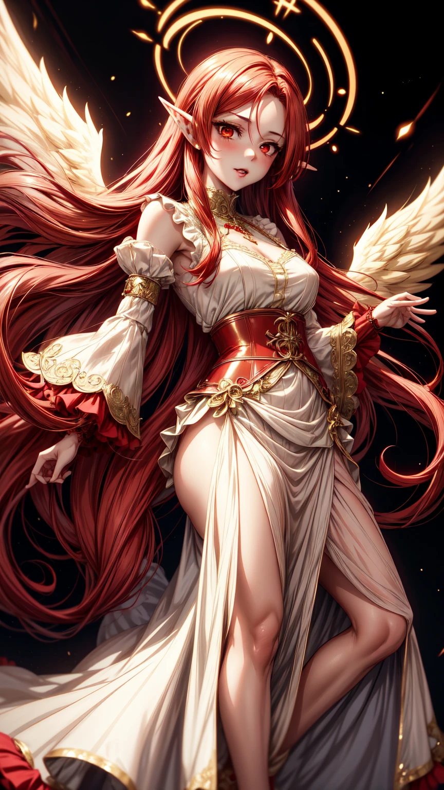(Best quality, 4K, 8K, A high resolution, tmasterpiece:1.2), ultra - detailed, Masterpiece: 1.6, best quality: 1.4, intricate details: 1.2, Fantasy atmosphere, 1lady, Appearance: MILF: 1.25, closed eyes, big breasts, eyelashes.  Focused Clothing: goddess, white silk dress, bare shoulder, Accessories: falcon wings headwear, gold earrings, staff.  Hair: red hair, long and wavy hair, semi-curly hair.  Makeup: natural, opaque skin.