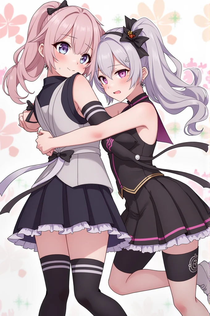2 Girl, tokai teio (umamusume), mejiro mcqueen (umamusume),umamusume,standing,panties,wind skirt,hug,shiny skin,sweat,Medium breasts,masterpiece,mid,