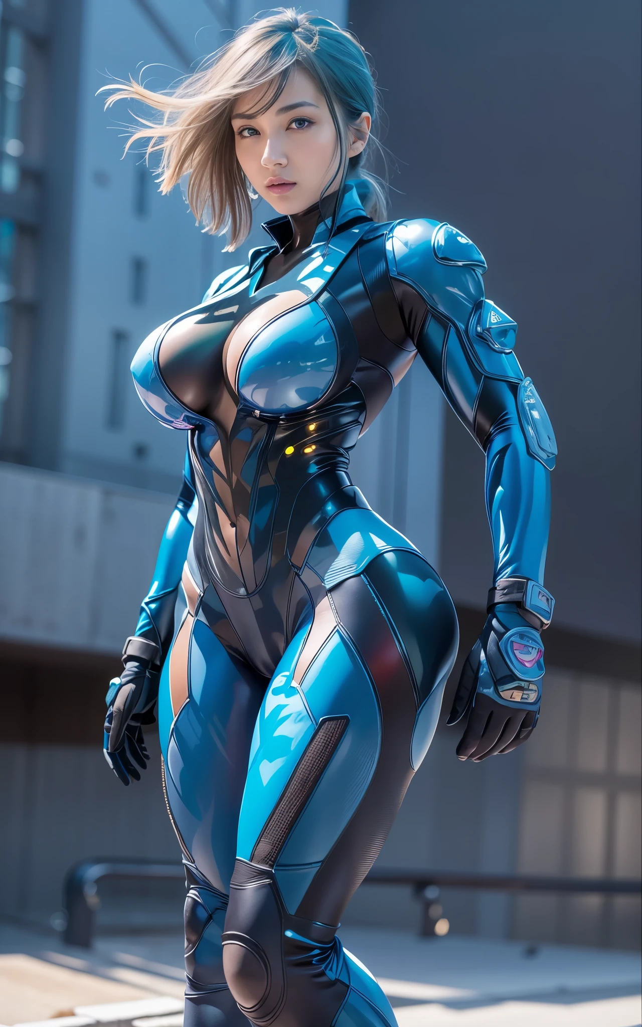 ((Best Quality)), ((masutepiece)), (Detailed: 1.4), (Absurd), Caucasian female fighter pilot ready for war, front walking, muscular sculptural body defined, Closed mouth, muscular body covered by technological clothing, Neon Genesis Evangelion Suit, Cyberpunk, generous neckline, ((perfect large breasts)), (blue eyes without pupils), long manga-style eyelashes, close to real, Crazy face, Sexy Pose, Centered, scale to fit the dimensions, nffsw (High dynamic range),Ray tracing,Hyper-Resolution,Unreal 5,Subsurface Dispersion, PBR Texture, Post-processing, Anisotropy Filtering, depth of fields, Maximum clarity and sharpness, Multilayer textures, Surface Shading, accurate simulation of light and material interactions, Perfect proportions, thirds rule, top-quality, in 8K, ultra-detailliert, Being on the roof of a skyscraper, Smooth bodysuit, zero suit
