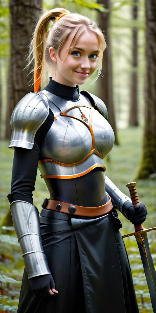 A woman wearing tight black clothing, white armor with orange details, blonde hair, ponytail hair, blue eyes, smiling, holding a medieval sword, walking in a fantasy forest, full body, stereogram, tachi-e, point of view, atmospheric perspective, 8k, super detail, accurate, best quality, award-winning, textured skin, high resolution, anatomically correct, bokeh effect, ((woman solo)