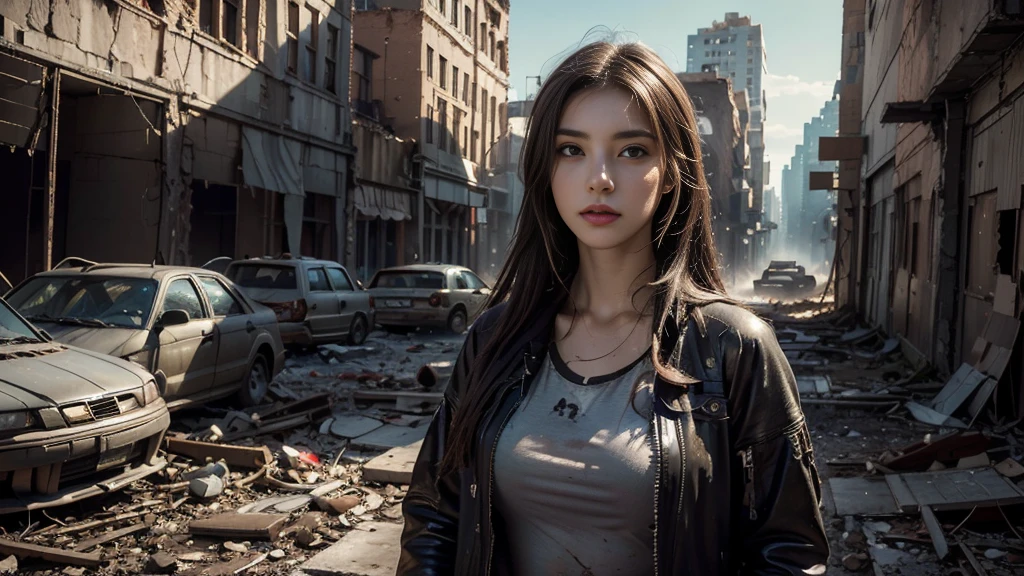 masterpiece, high resolution ,8K,(Portrait Photos:1.5),(R Original Photo),Reality,Digital Photography,(Apocalyptic ruins ),City ruins，beautiful 20 year old woman，sentry， post-apocalyptic scene，Close-range photography， broken clothes