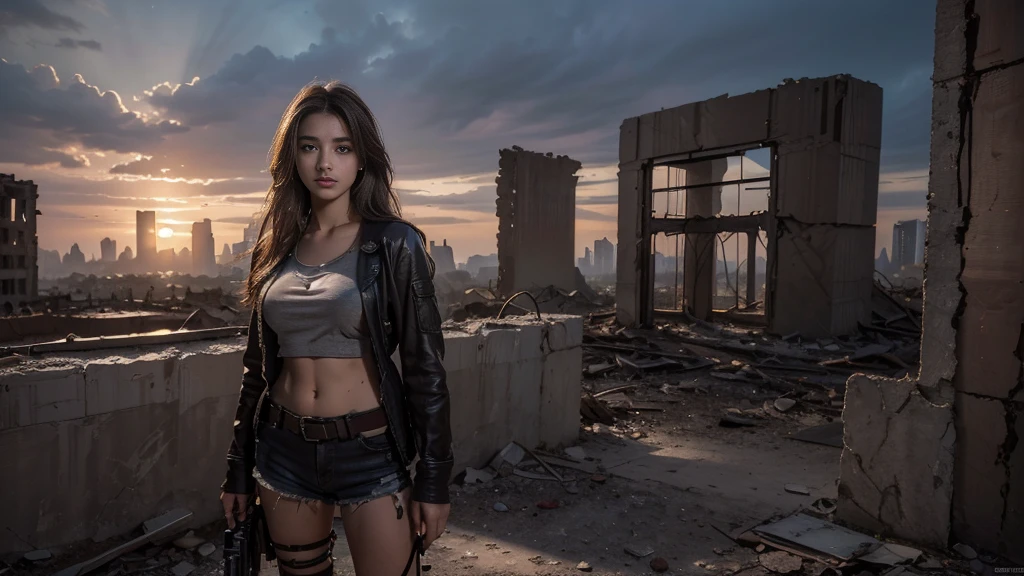 masterpiece, high resolution ,8K,(Portrait Photos:1.5),(R Original Photo),Reality,Digital Photography,(Apocalyptic ruins ),City ruins，beautiful 20 year old woman，sentry， post-apocalyptic scene，Close-range photography， broken clothes