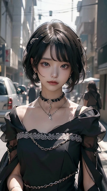 (( best quality、​masterpiece:1.3))、sharp:1.2、Perfect Body Beauty:1.4、((  has a layered hairstyle))、( black dress:1.1)、(darkroom:1.2)、  extremely detailed face and skin texture 、 detailed eyes on board、(Locks:1.3)、double eyelid、(( Short Hair))、 boyish 、nice、(( unisex))、 Big Eye、 necklace 、Bans、(( one woman))、 dark eyes、A bracelet、 earrings for a woman alone、 choker、ring、((  knight ))、 chain accessory 、Lock、