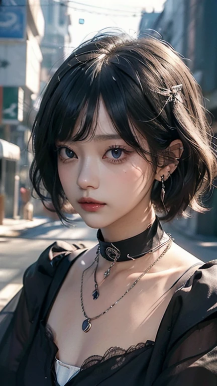 (( best quality、​masterpiece:1.3))、sharp:1.2、Perfect Body Beauty:1.4、((  has a layered hairstyle))、( black dress:1.1)、(darkroom:1.2)、  extremely detailed face and skin texture 、 detailed eyes on board、(Locks:1.3)、double eyelid、(( Short Hair))、 boyish 、nice、(( unisex))、 Big Eye、 necklace 、Bans、(( one woman))、 dark eyes、A bracelet、 earrings for a woman alone、 choker、ring、((  knight ))、 chain accessory 、Lock、