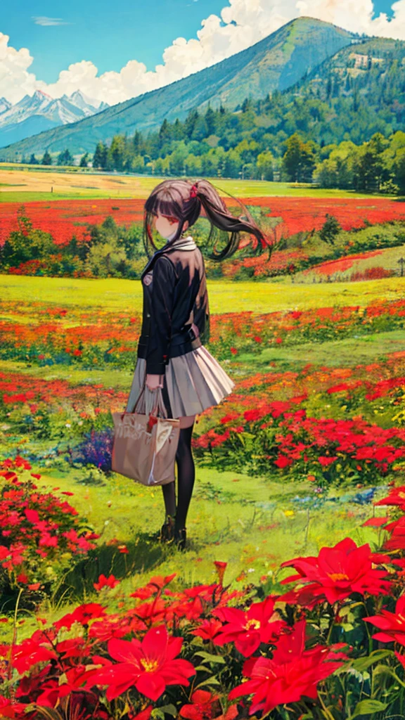 Anime characters in a field with red flowers and mountains in the background,  Demon Slayer, digital art from  Danganronpa,  Danganronpa, akane owari  Danganronpa, chiaki mi from  Danganronpa,  Demon Slayerアートスタイル,  Demon Slayerルイファンアート, From the TV anime, A still from the anime