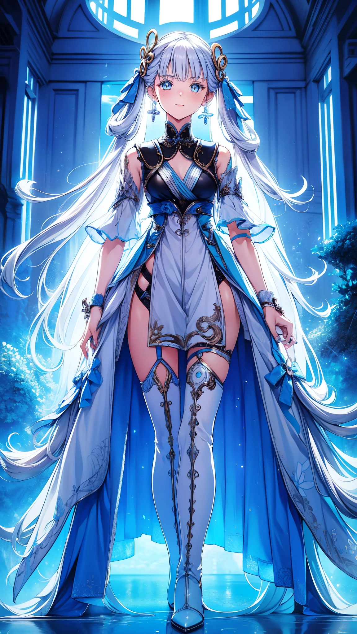  teenage girl ，obsessed，  Have Fun  ，in love，(Big white spiral dress )，Silver Hair，Blue Eyes，Transparent clothes，Exquisite hair accessories，Transparent lace，Sky blue pattern，night，Dress nicely，bedroom，solitary，night，Engraved suspender boots，  slim and beautiful face 