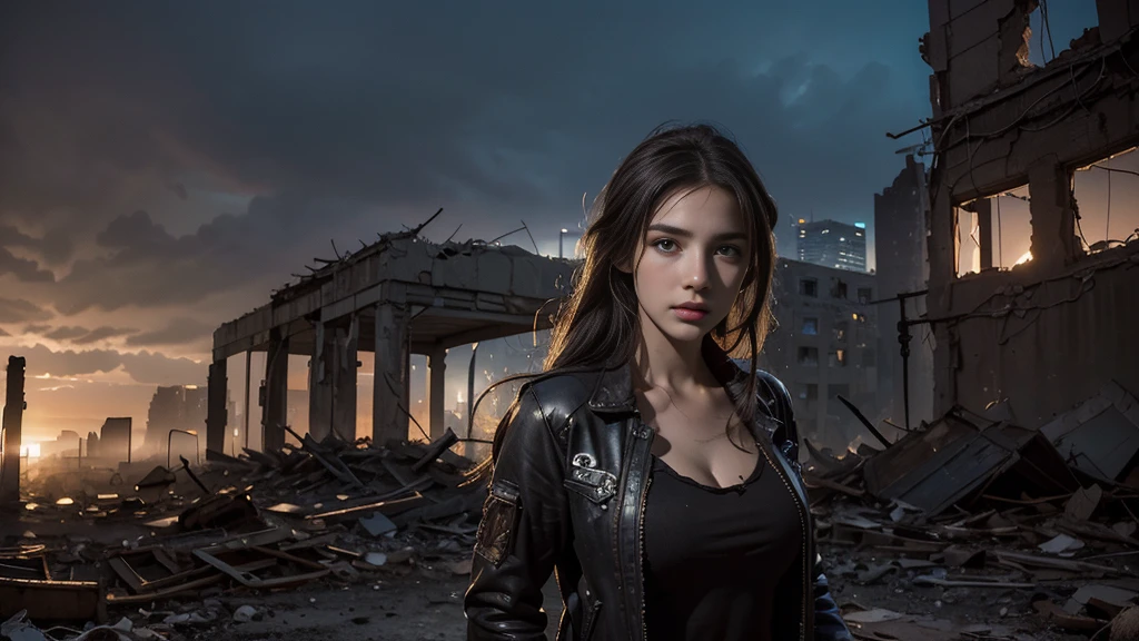 ((masterpiece, best quality, Highest image quality, high resolution, Reality, RAW photos, 8K)), Future city ruins,The post-nuclear world,desert,Beautiful girl,Broken clothes,Pretty face,dirty,Closed mouth,dramatic,Mid-range portrait,dusk