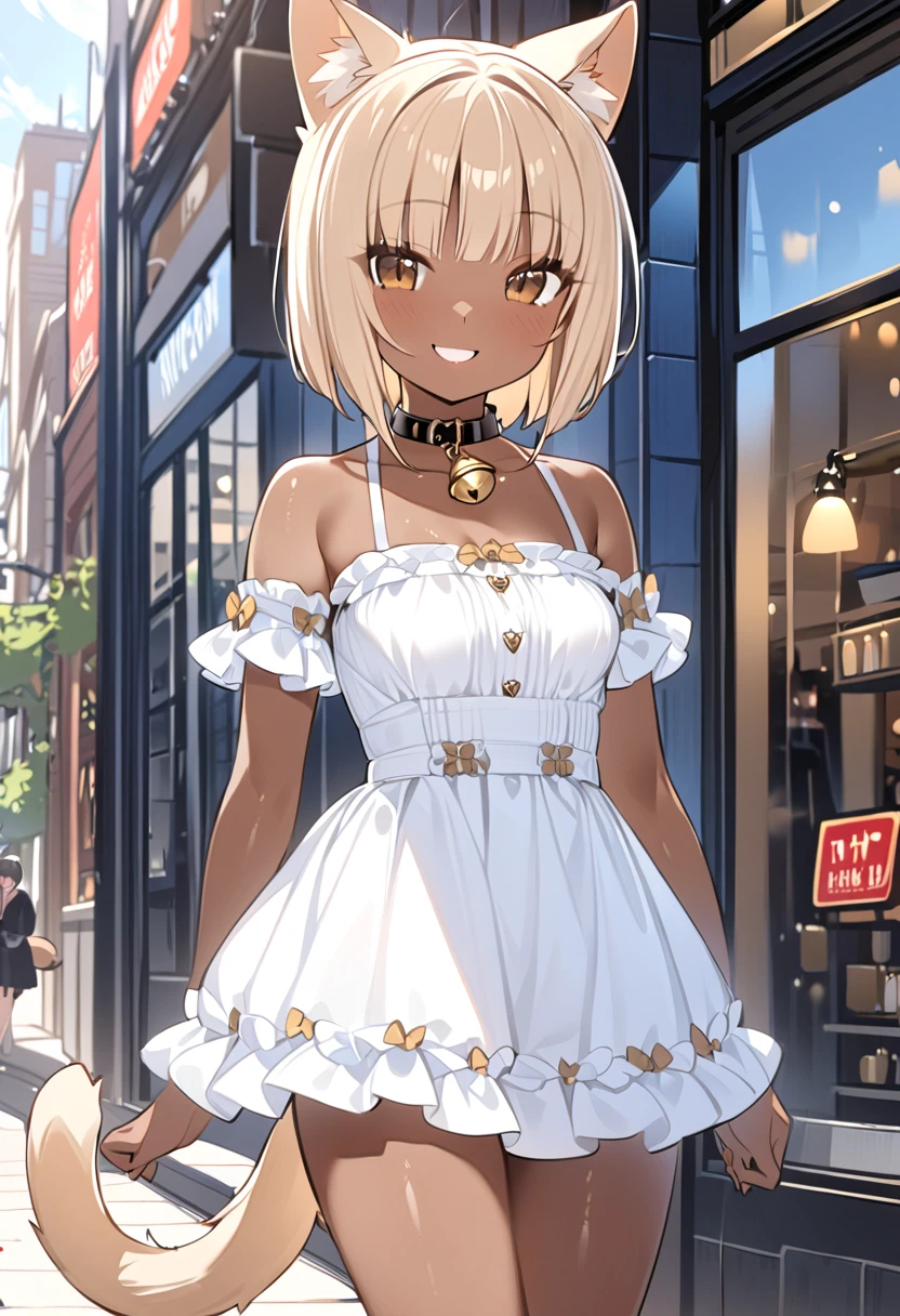  Supreme Masterpiece、、 very cute 、 small breasts、Beige Hair、Brown Skin、 glossy skin、 bob cut from the front、Cat ears and tail、Collar with bells、 frills、 one girl 、Smiling Girl、Around town