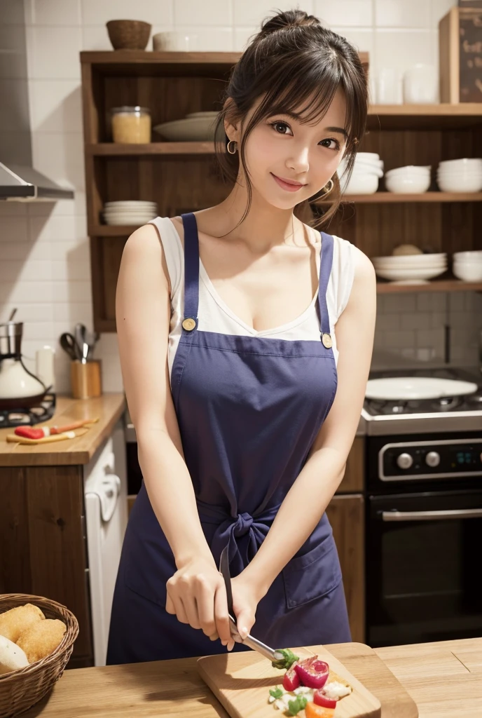 hightquality、​masterpiece、ultra res、cute girl face、kitchin、barechested、pinafore、NAKED Apron、full body Esbian、Famous actresses of Japan、Very beautiful face、A sexy