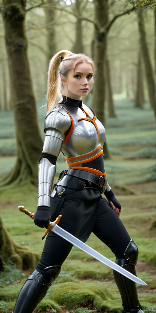 A woman wearing tight black clothing, white armor with orange details, blonde hair, ponytail hair, blue eyes, , holding a medieval sword, walking in a fantasy forest, full body, stereogram, tachi-e, point of view, atmospheric perspective, 8k, super detail, accurate, best quality, award-winning, textured skin, high resolution, anatomically correct, bokeh effect, ((woman solo)