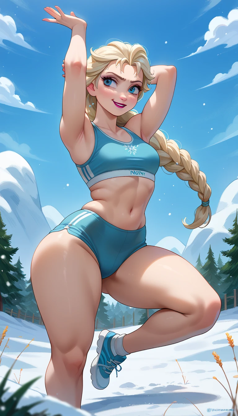 masterpiece,  best quality , pose de yoga, Elsa(frozen), She wears a white and light blue swimsuit), thick thighs ,strength, Dynamic yoga pose ,snowy field, perfect anatomy,colorful,cena sensual, porn movie  