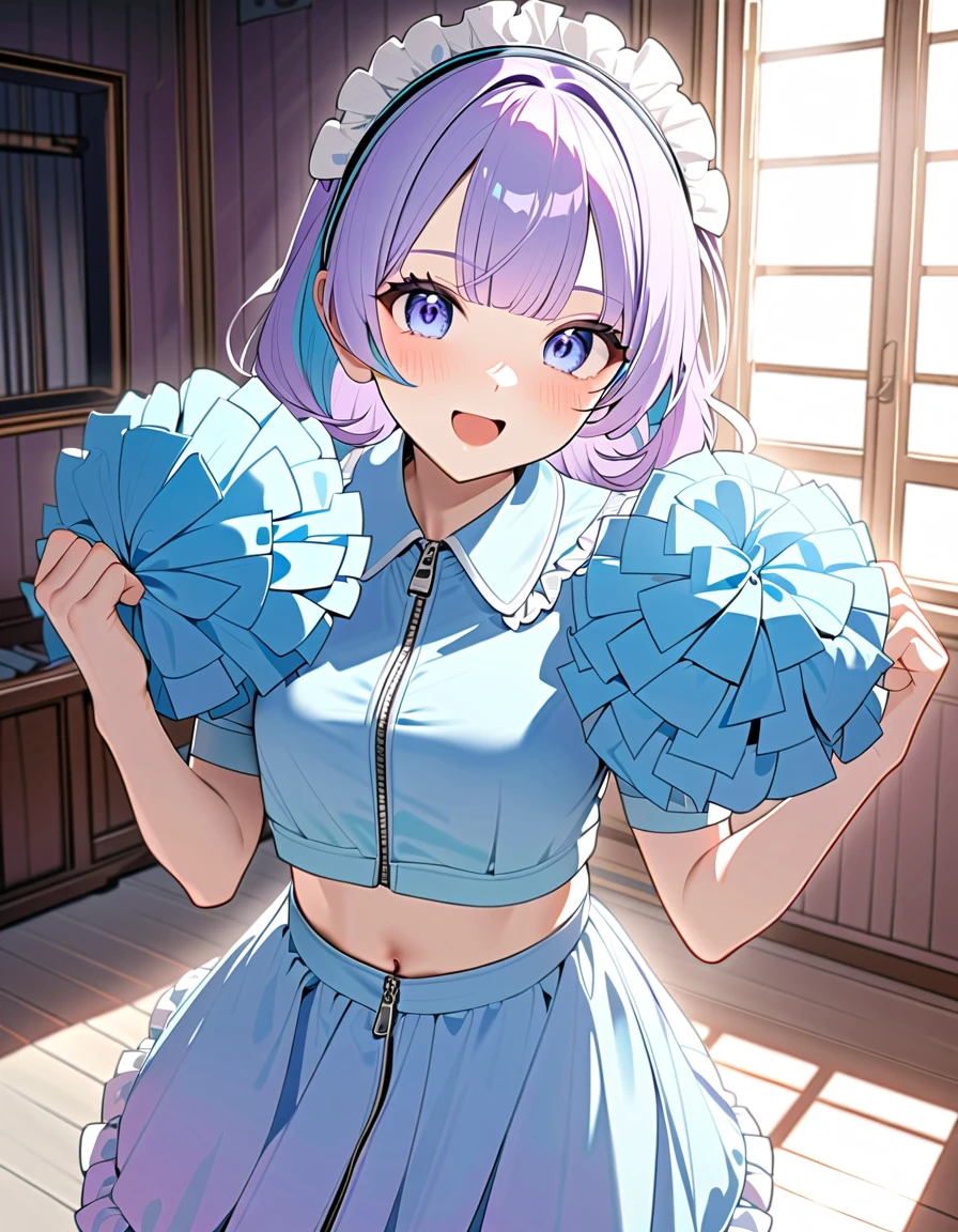 (8K, best quality, master piece: 1.2),super high resolution,best quality,1girl,****,solo,ultra-detailed face,detailed eyes,blue eyes,frill,(zip up:1.2),(Pastel Blue maid costume, cheerleader:1.2),maid headdress,((two-colored hair in pastel purple and pink)),streaked_hair,short bob hair,navel,holding pompoms in both hands,standing,happy,open mouth,wink,standing,mascara,looking at viewer,cowboy shot,rim light,kawaii,morning,indoors Victorian room