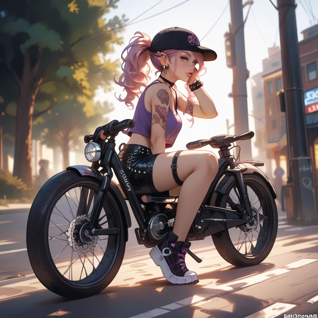 sexy girl, score_9, score_8_up, score_7_up , Generate a hyper-realistic, stylized scene of a young, edgy woman riding a bicycle down a tree-lined street at sunset. The view is from behind, showing her turning her head slightly to the side with a carefree expression. She has short, vibrant purple and pink hair peeking out from under a black baseball cap. She is wearing a cropped, fitted purple tank top and tight, glossy black leather shorts, which catch the light to create reflections. Accessories include a black choker necklace, a studded bracelet, multiple ear piercings, and a tattoo of a rose on her left upper arm. The background is an urban street with soft lighting from the setting sun, casting warm tones and shadows that accentuate the scene's relaxed, evening atmosphere