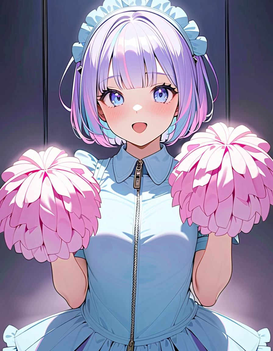 (8K, best quality, master piece: 1.2),super high resolution,best quality,1girl,yo,solo,ultra-detailed face,detailed eyes,blue eyes,frill,(zip up:1.2),(Pastel Blue maid costume, cheerleader:1.2),maid headdress,short bob hair,((two-colored hair in pastel purple and pink)),streaked_hair,navel,holding pompoms in both hands,standing,happy,open mouth,wink,standing,mascara,looking at viewer,cowboy shot,rim light,kawaii,morning,indoors Victorian room