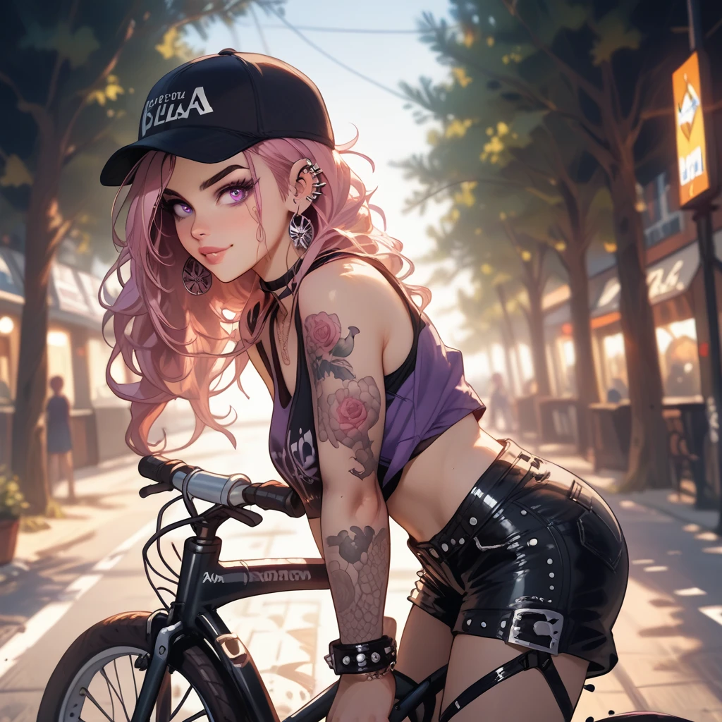 Generate a hyper-realistic, stylized scene of a young, edgy woman riding a bicycle down a tree-lined street at sunset. The view is from behind, showing her turning her head slightly to the side with a carefree expression. She has short, vibrant purple and pink hair peeking out from under a black baseball cap. She is wearing a cropped, fitted purple tank top and tight, glossy black leather shorts, which catch the light to create reflections. Accessories include a black choker necklace, a studded bracelet, multiple ear piercings, and a tattoo of a rose on her left upper arm. The background is an urban street with soft lighting from the setting sun, casting warm tones and shadows that accentuate the scene's relaxed, evening atmosphere