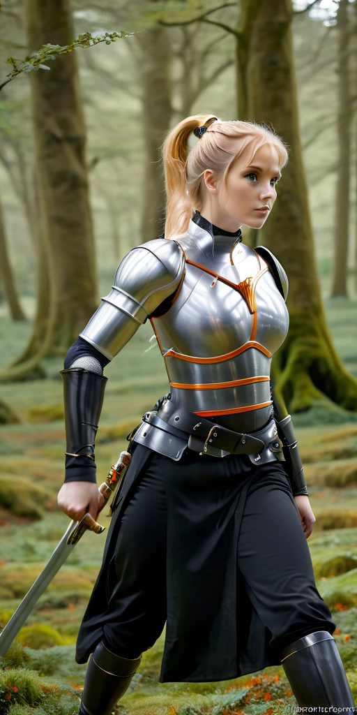 A woman wearing tight black clothing, white armor with orange details, blonde hair, ponytail hair, blue eyes, , holding a medieval sword, walking in a fantasy forest, full body, stereogram, tachi-e, point of view, atmospheric perspective, 8k, super detail, accurate, best quality, award-winning, textured skin, high resolution, anatomically correct, bokeh effect, ((woman solo)