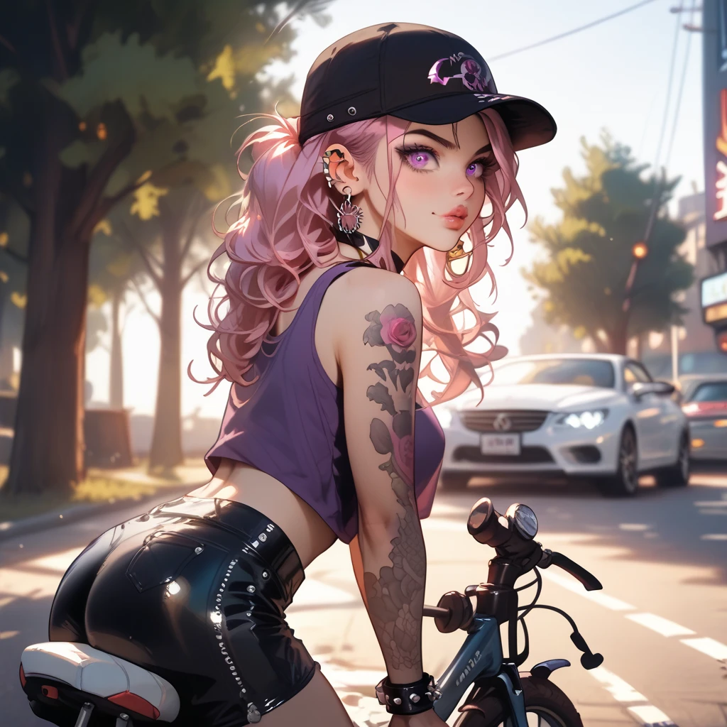 Generate a hyper-realistic, stylized scene of a young, edgy woman riding a bicycle down a tree-lined street at sunset. The view is from behind, showing her turning her head slightly to the side with a carefree expression. She has short, vibrant purple and pink hair peeking out from under a black baseball cap. She is wearing a cropped, fitted purple tank top and tight, glossy black leather shorts, which catch the light to create reflections. Accessories include a black choker necklace, a studded bracelet, multiple ear piercings, and a tattoo of a rose on her left upper arm. The background is an urban street with soft lighting from the setting sun, casting warm tones and shadows that accentuate the scene's relaxed, evening atmosphere