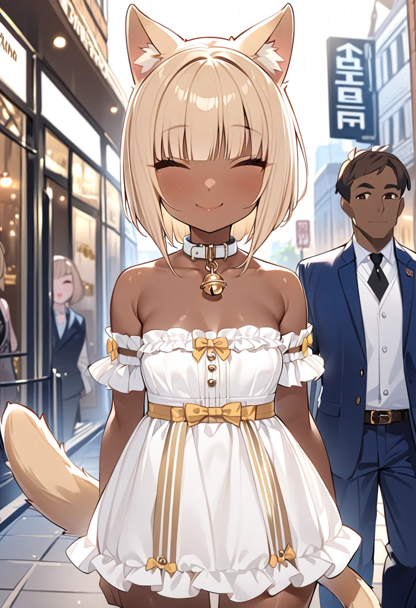  Supreme Masterpiece、、 very cute 、 small breasts、Beige Hair、Brown Skin、 glossy skin、 bob cut from the front、Cat ears and tail、Collar with bells、 frills、 one girl 、Smiling Girl、Around town、A man is calling out to a girl