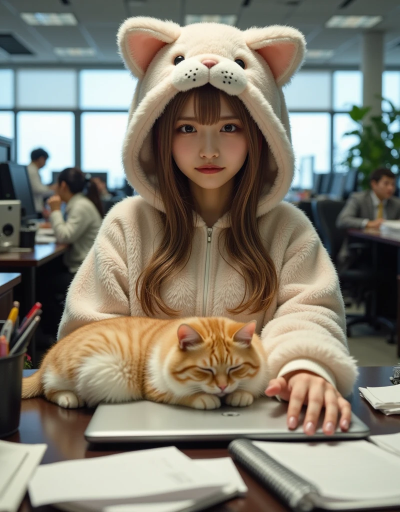 ultra-realistic, photorealistic, dramatic scene, shadow, global-illumination, solo, (teenage Japanese famous idol girl:1.5), very beautiful fragile Japanese girl, very beautiful with very cute but boyish cool face, (very large breasts), slim waist, moles, detailed face skin texture, professional lighting, (She works in a very fluffy stuffed cat costume that looks like a stuffed animal show:1.2), her body is very fluffy like a cat, large cat mascot head, (very large breasts), at the large office with many desks and workers, decorative plant, sitting on the chair, Her desk with many piles of papers, stationery, A giant fat cat is sleeping on the laptop computer on her desk, she looks so confused, she is not able to understand whose cat he is, She shows her viewers a cute face with a bitter smile, 