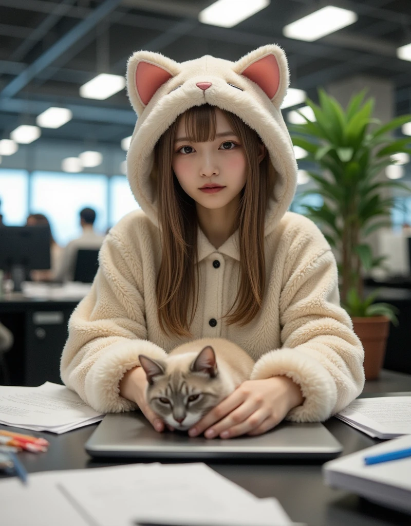 ultra-realistic, photorealistic, dramatic scene, shadow, global-illumination, solo, (teenage Japanese famous idol girl:1.5), very beautiful fragile Japanese girl, very beautiful with very cute but boyish cool face, (very large breasts), slim waist, moles, detailed face skin texture, professional lighting, (She works in a very fluffy stuffed cat costume that looks like a stuffed animal show:1.2), her body is very fluffy like a cat, large cat mascot head, (very large breasts), at the large office with many desks and workers, decorative plant, sitting on the chair, Her desk with many piles of papers, stationery, A giant fat cat is sleeping on the laptop computer on her desk, she looks so confused, she is not able to understand whose cat he is, She shows her viewers a cute face with a bitter smile, 