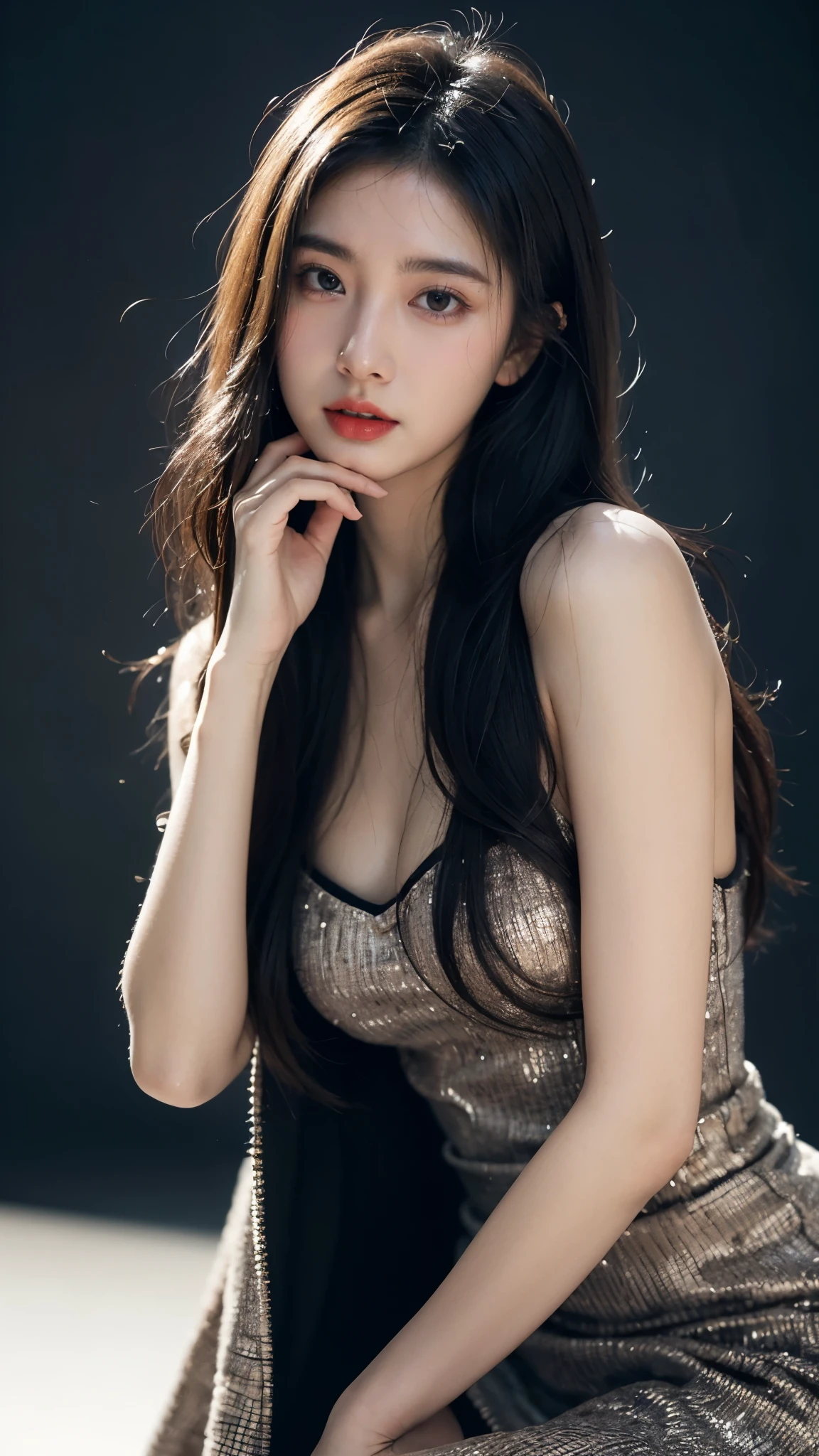 Top CG, Highest image quality, masterpiece, Gentle and beautiful girl, (185cm美女), (fit), Imperial sister, Queen temperament, White skin, ((Long legs)), perfect facial features, Bright Eyes, Seductive pose, Red lips, Beautiful and cold (A major breakthrough)), Beautiful and heroic, Soft and long hair, Glittering, Lace, net, Visible through clear skin, wear glasses, diamond earrings, ruby neckLace, (Black evening gown), 8K Image Quality, (Realistic Portraits), Characters fill the screen, (Facial lighting), ((eternal)