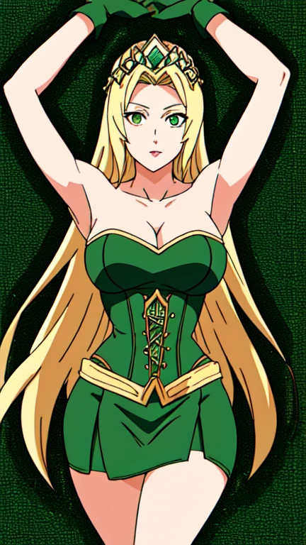 a mature woman, (30 years old), with an outfit inspired by green tones and geometric details, which give her a mystical and powerful air. She wears a spiked tiara on her head, highlighting her position of authority or royalty. Her long blonde hair falls back, complementing her slim figure.

The costume consists of a strapless green corset and a short skirt with a dark and light green color block design. Her legs are covered in long stockings decorated with green circular patterns on a dark background, adding a distinctive touch to the ensemble. She also wears long gloves in shades of green, which cover her arms up to her shoulders. The style and color palette suggest that he may be a character with magical or supernatural abilities. greek goddess, best quality