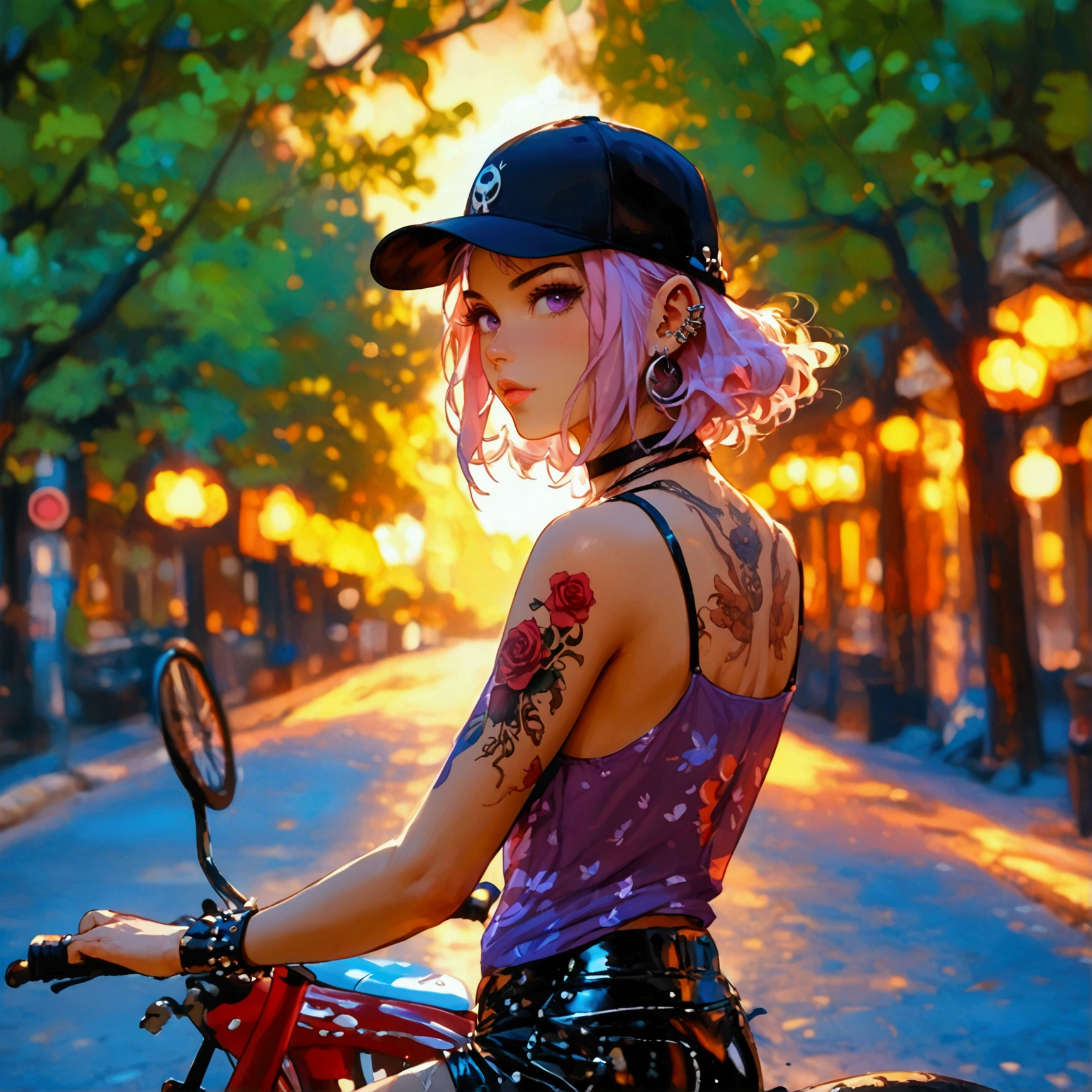 Generate a hyper-realistic, stylized scene of a young, edgy woman riding a bicycle down a tree-lined street at sunset. The view is from behind, showing her turning her head slightly to the side with a carefree expression. She has short, vibrant purple and pink hair peeking out from under a black baseball cap. She is wearing a cropped, fitted purple tank top and tight, glossy black leather shorts, which catch the light to create reflections. Accessories include a black choker necklace, a studded bracelet, multiple ear piercings, and a tattoo of a rose on her left upper arm. The background is an urban street with soft lighting from the setting sun, casting warm tones and shadows that accentuate the scene's relaxed, evening atmosphere