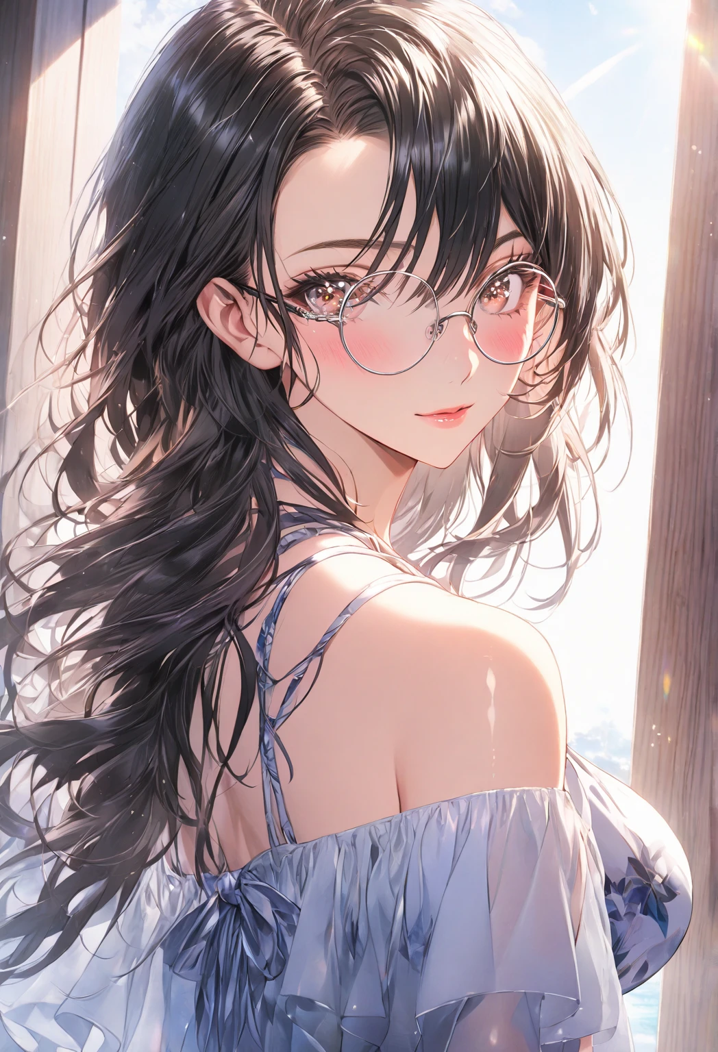 ((highest quality)), ((masterpiece)), (detailed), (front view), (one girl), sexy, shiny skin, glossy skin, height 168cm, bust 120cm, medium size breast, hourglass body, housewife, black hair parted bangs, A mother with warm eyes, Wearing round glasses, Looking at viewer with gentle eyes, wearing a bikini, The fabric is slightly translucent in the sunlight.