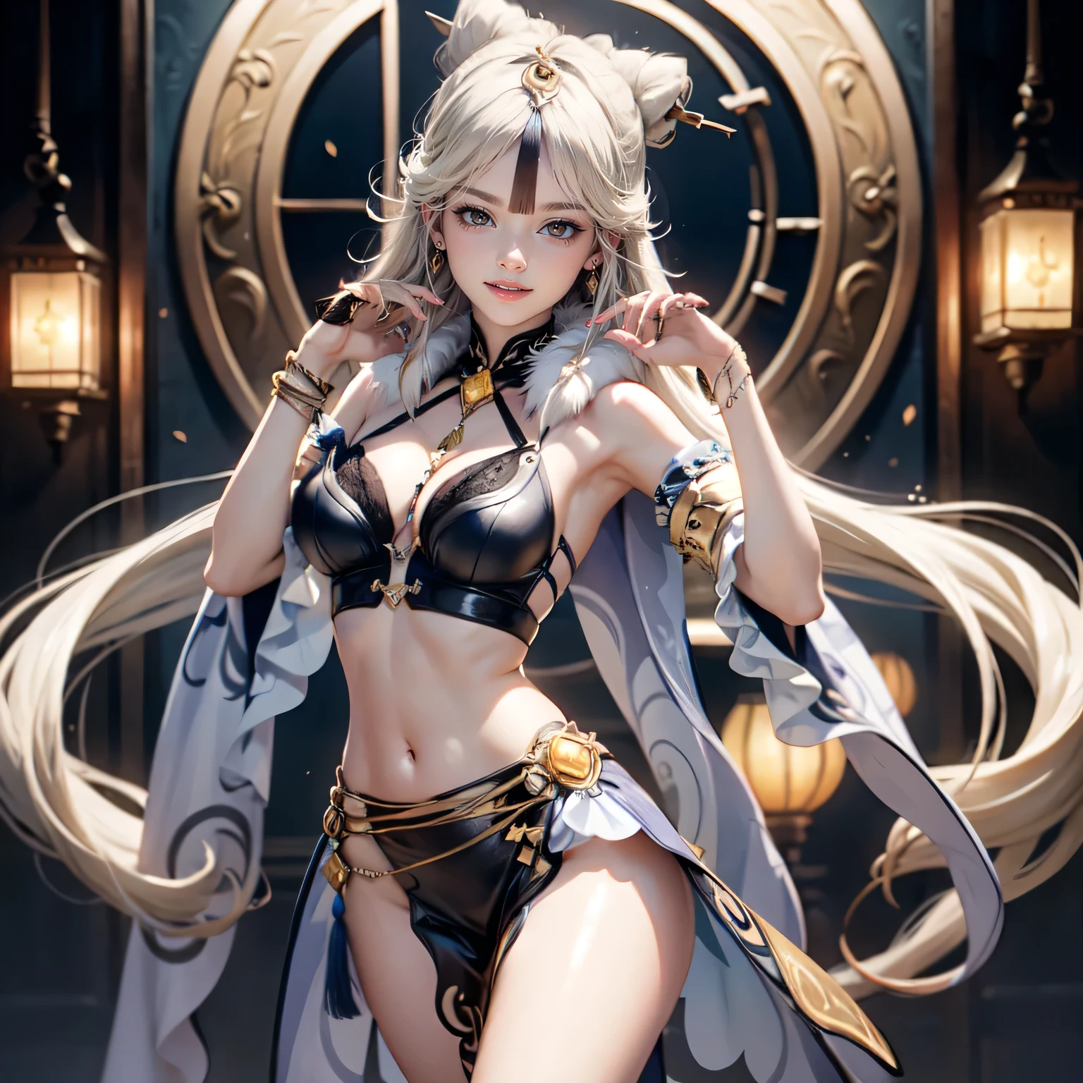 masterpiece, top-quality, top-quality, Beautifully Aesthetic:1.2, 1girl, Halloween night, ((Wearing a Blue with Silver and Gold classy cat costume)), high detailed, ((Red eyes:1.8)), (kneeling with cat pose:1.1), large breasts, firm breast, nicely shaped breasts, slender figure,
((Gray hair, Red colored inner hair)), wavy hair, (medium long hair:1.2), (asymmetrical bangs:1.2),
in the Halloween party venue at late night, (Full body shot:1.1), (From below:1.1),