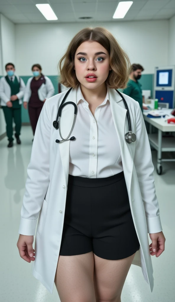 shortstack Gina as a resident in a hospital corridor wearing doctor labcoat and white shirt with stethoscope around her neck, looking for her patient with a worried expression.