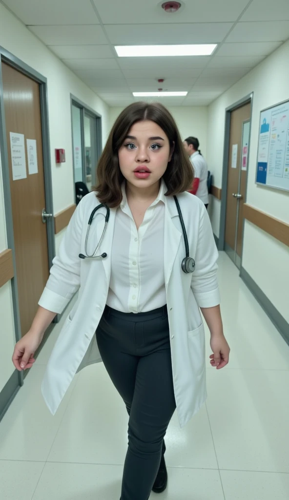 shortstack Gina as a resident in a hospital corridor wearing doctor labcoat and white shirt with stethoscope around her neck, looking for her patient with a worried expression.