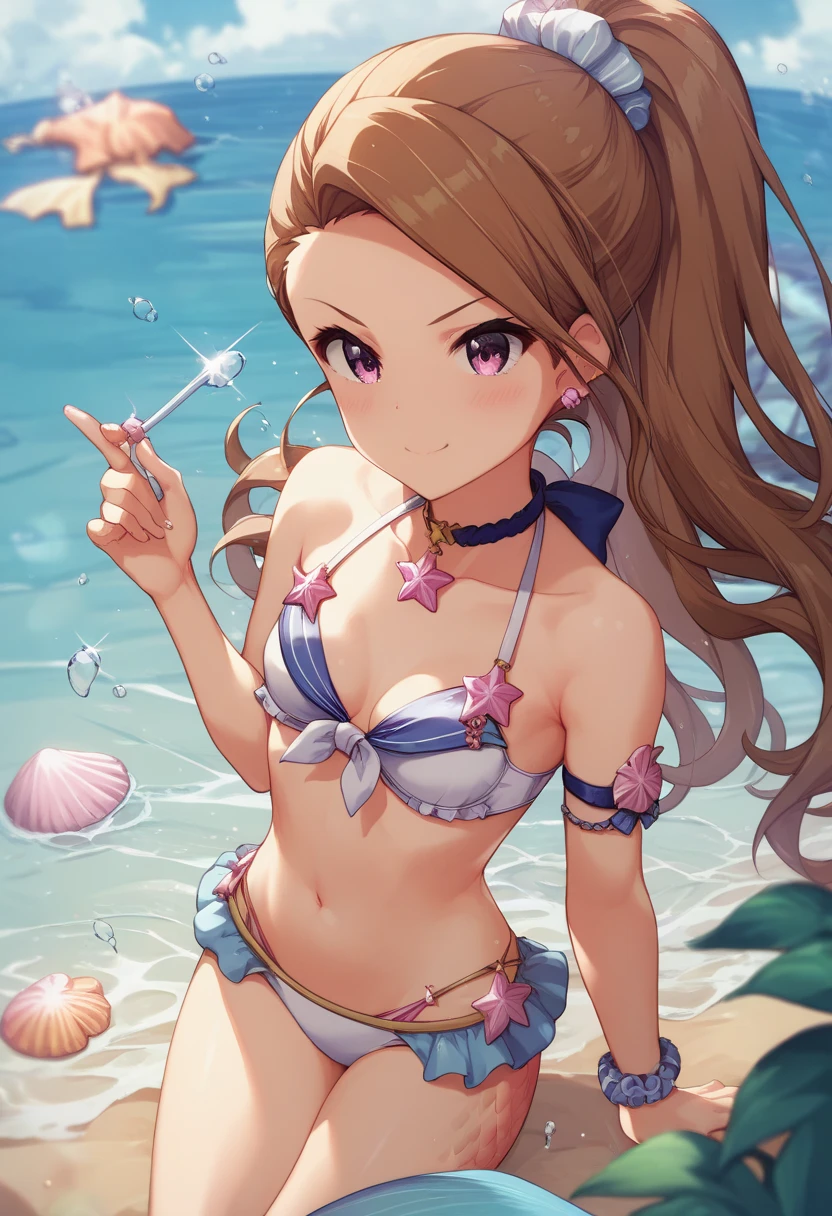 (( small breasts))、Minase Iori、 brown hair、 mermaid、Seashell bikini、 rape