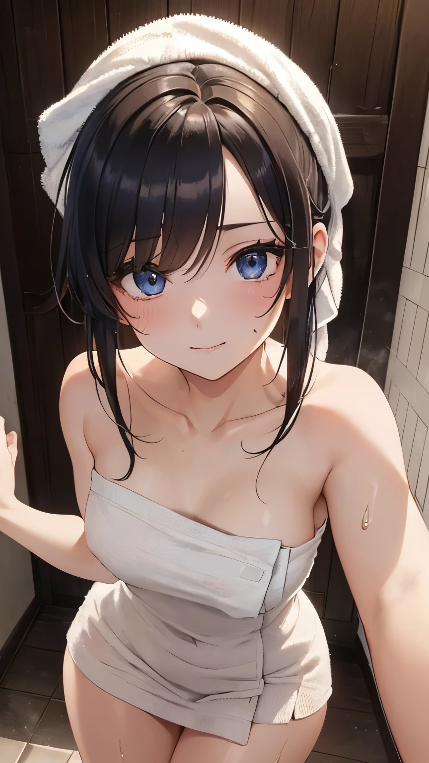(masterpiece:1.3, Highest quality, Ultra-high resolution, Super detailed), (Realistic, photoRealistic:1.4), Beautiful illustrations, Perfect lighting, Natural light, Depth of written boundary, Browsing Caution, Beautiful detailed hair, Beautifully detailed face, Beautiful attention to detail, Beautiful clavicle, Beautiful body, Beautiful breasts, Beautiful thighs, Beautiful feet, Beautiful Hands, Glowing Skin, View your viewers, Face Focus, Upper Body, 1 girl, 20 years old, (Perfect Anatomy, Anatomically correct, Highly detailed skin), Cute and symmetrical face, Perfect Face, Perfect Eyes, Hair between the eyes, Big eyes, Long eyelashes, (Medium chest, Captivating thighs), , thin, outAre standing style, ((Detailed cloth texture, Naked Towel, Sweaty)), (Beautiful views), evening, ((shower room)), Are standing, (Upward glance, Embarrassing), ((Right eye is blue, Left eye is gold)), ((light smile)), ((cowboy shot))