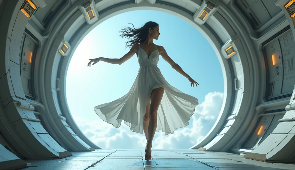 Girl dancing inside a spaceship 