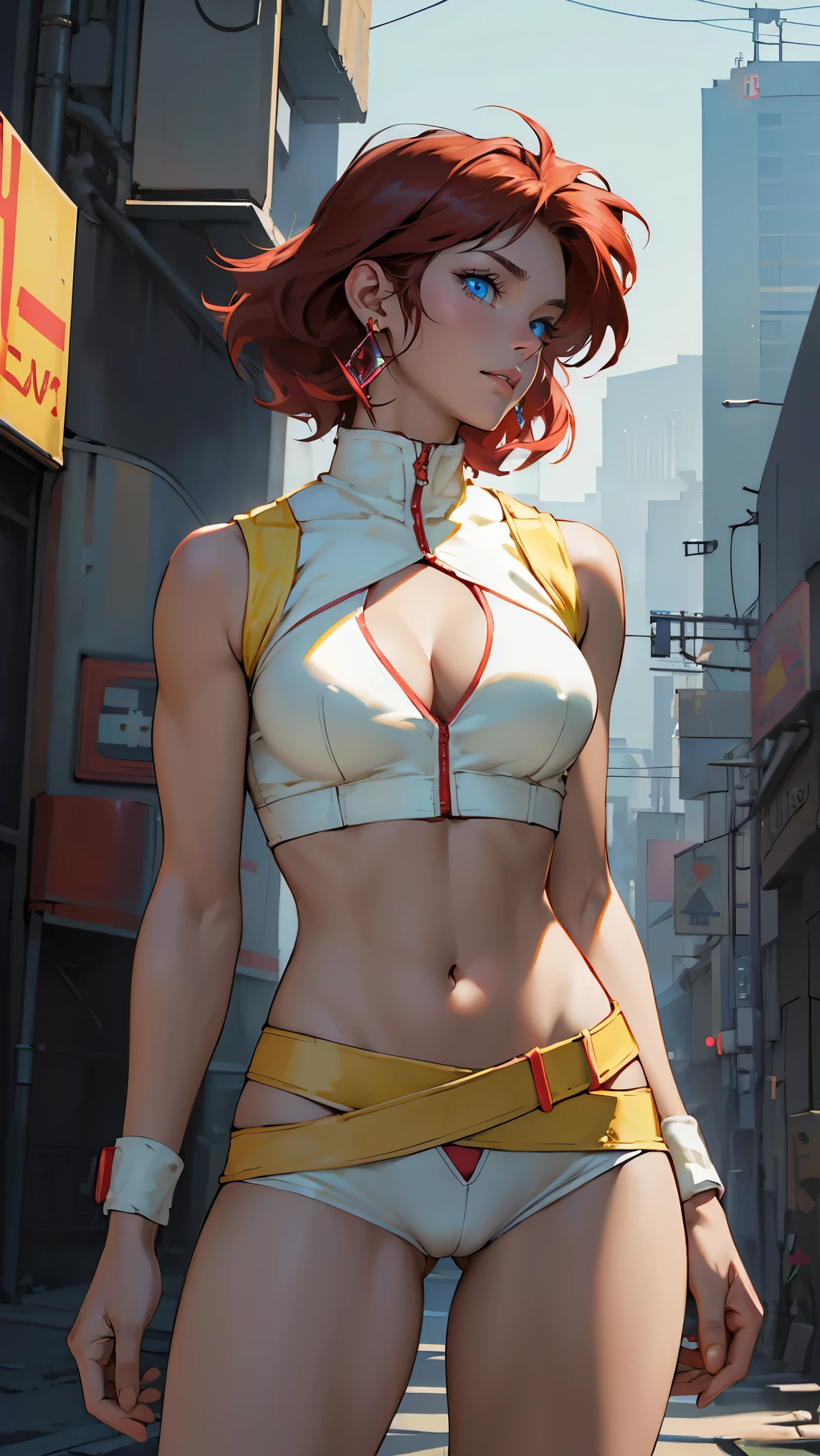 ((Masterpiece, highest quality; 1.3)), super quality, beautiful detail, super detailed, extra fine, 16K, exquisite, absurd, high resolution, beautiful background, detailed background, beautiful eyes, beautiful skin, anime style, dirtypairyuri, Dirty Pair Yuri in a skimpy white outfit, (short red hair), blue eyes, earrings, pale yellow uniform, bandana, pale yellow crop top, cutout, sleeveless, wearing tight clothing, skimpy, (breasts: 1.2), cleavage, cleavage, , obliques, fit arms, slim waist, ((wide hips)), fit thighs, (thigh gap), showing stomach, (skinny frame), wide hips, cyberpunk city background, holding a retro space gun